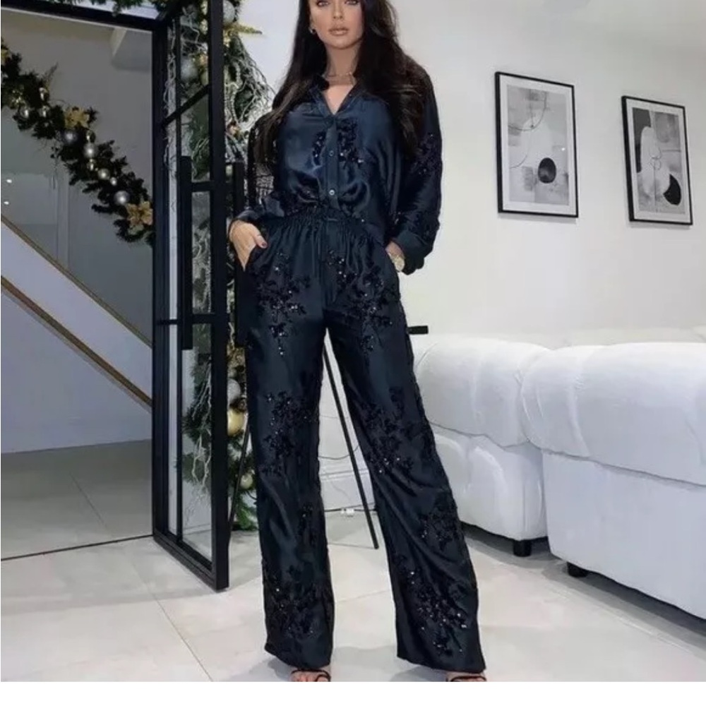 Zara NWOT black sequin satin matching 2 piece set - button shirt & pants - Picture 11 of 15